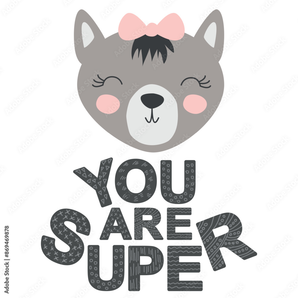 Cute face of an animal with lettering. Scandinavian style and pastel palette. baby posters, cards, clothes, childrens rooms Cute face of an animal with lettering. Scandinavian style and pastel palette. baby posters, cards, clothes, childrens rooms