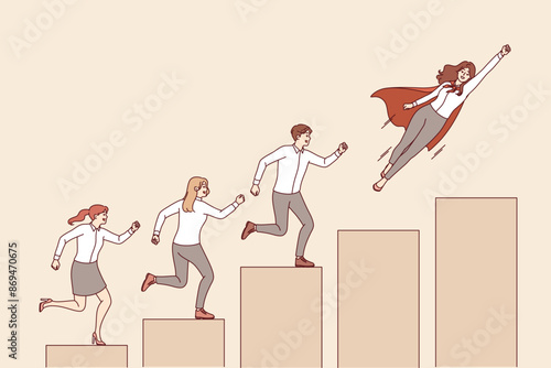 Team of business people climbs charts together and achieves success through teamwork and synergy. Super team of clerks are successfully moving up career ladder thanks to working in excellent company