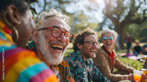  of an LGBTQ+ elder laughing heartily with friends at a sunny outdoor picnic, authentic moments, wisdom, resilience, personalities, LGBTQ+, individuals, elders, wit