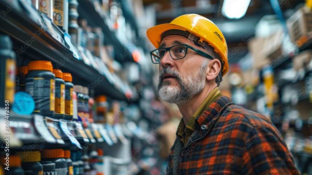 A homeowner selecting various tools and materials for concrete crack repairs at a local home improvement store, A homeowner selecting various tools and materials for concrete crack repairs at a local home improvement store,