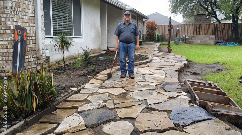 A homeowner with a sense of accomplishment stands beside a fully repaired walkway their DIY concrete repair project completed successfully.,