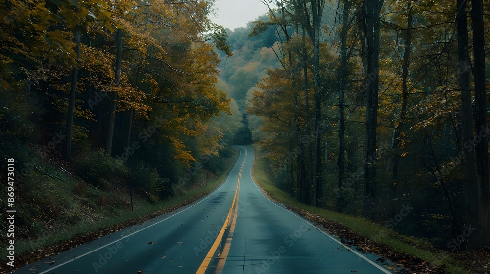 Fototapeta premium A winding road through a lush autumn forest