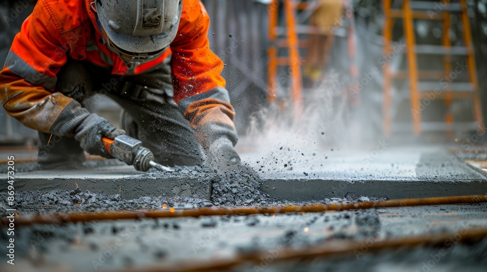 Worker demonstrating proper safety equipment usage during concrete repair including dust protection, Worker demonstrating proper safety equipment usage during concrete repair including dust protection,