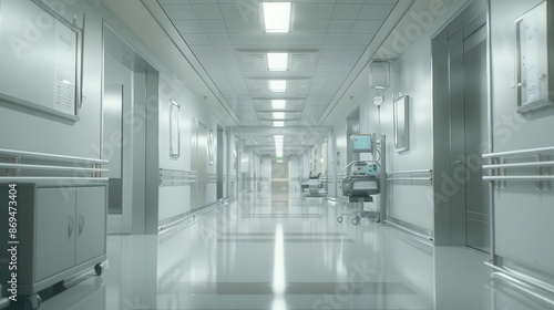 stark hospital corridor sterile white walls gleaming floors distant figures in scrubs medical equipment lining walls sense of urgency and care