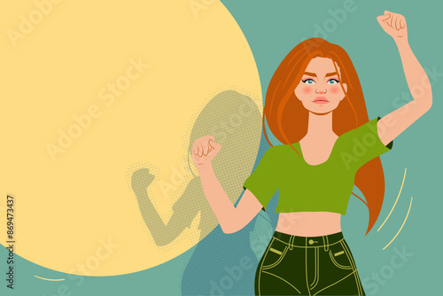 Strong independent woman portrait, bright pop art paint color artwork, vector flat illustration with copy space. Girl power feminism sisterhood support