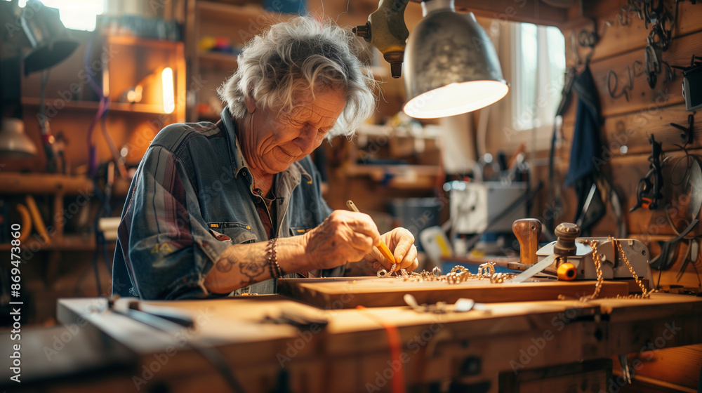 a detailed image of an LGBTQ+ elder crafting handmade jewelry at a well-lit workbench, their face focused and content, authentic moments, wisdom, resilience, personalities, LGBTQ+, a detailed image of an LGBTQ+ elder crafting handmade jewelry at a well-lit workbench, their face focused and content, authentic moments, wisdom, resilience, personalities, LGBTQ+,