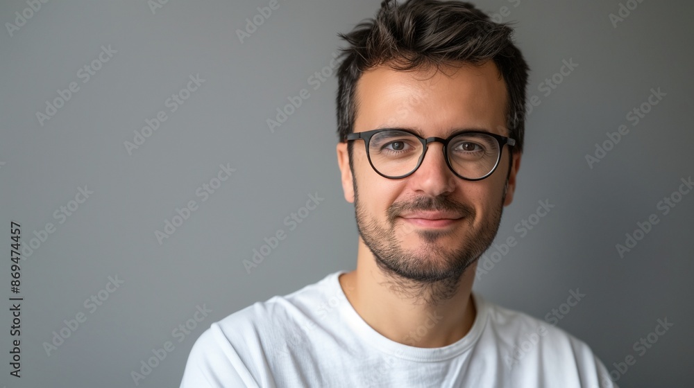 a man with glasses smiling for the camera with a gray background a man with glasses smiling for the camera with a gray background