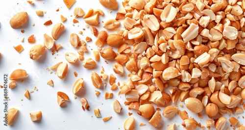Scattered Peanut Pieces and Shells on White Background