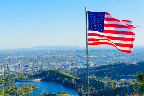 Waving American Flag With Los Angeles Cityscape in the Background