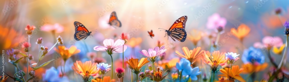 A beautiful scene of butterflies fluttering over a field of colorful wildflowers, bathed in warm sunlight, epitomizing the beauty of spring. A beautiful scene of butterflies fluttering over a field of colorful wildflowers, bathed in warm sunlight, epitomizing the beauty of spring.