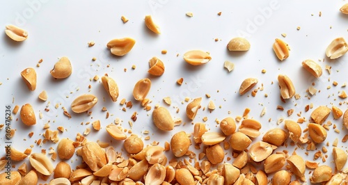 Scattered Peanut Pieces and Shells on White Background