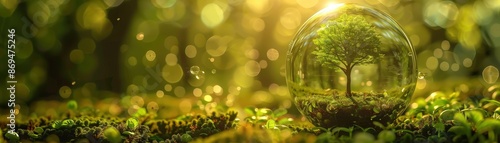 A magical forest scene featuring a tree inside a glass orb, surrounded by sunlit moss and a beautiful bokeh background.