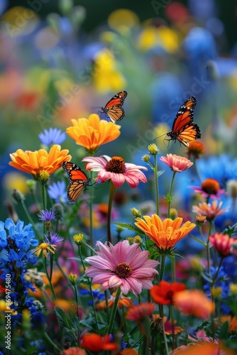 A stunning close-up of vibrant wildflowers in full bloom with colorful butterflies fluttering around in a summer garden.