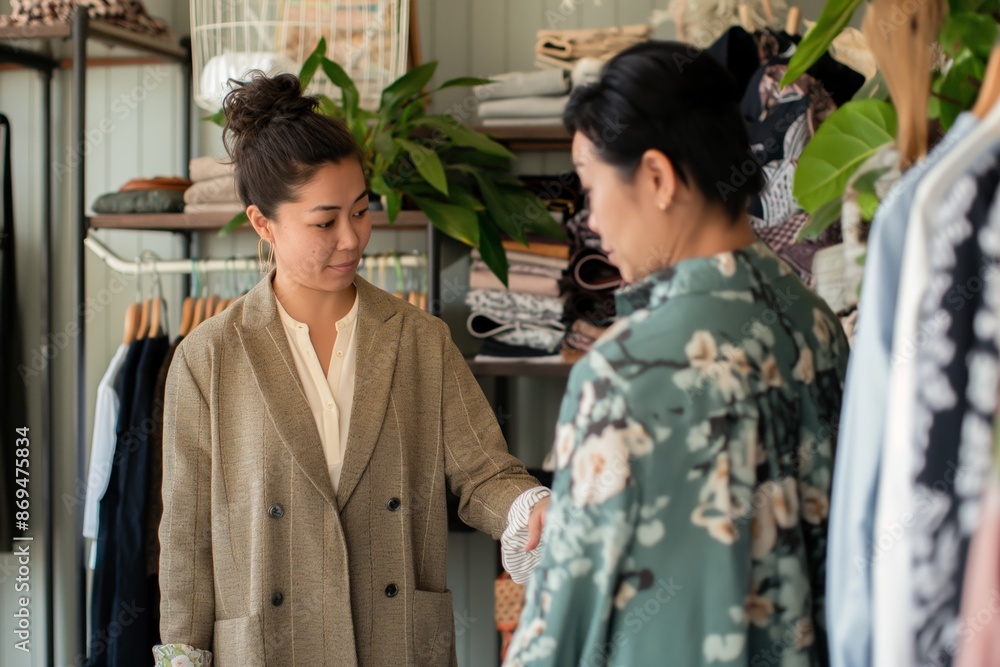 Two women sharing a conversation in a clothing boutique, surrounded by stylish outfits and plants. Two women sharing a conversation in a clothing boutique, surrounded by stylish outfits and plants.