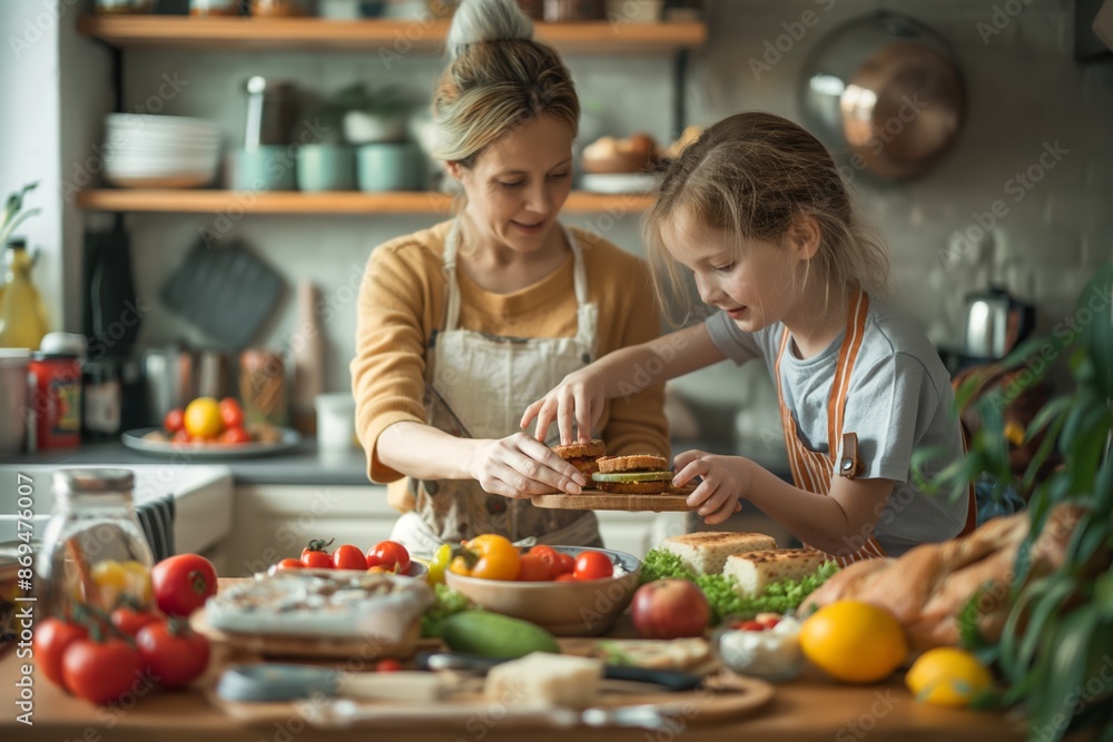 Parent and child preparing a meal in a cozy kitchen filled with fresh ingredients and colorful vegetables. Parent and child preparing a meal in a cozy kitchen filled with fresh ingredients and colorful vegetables.