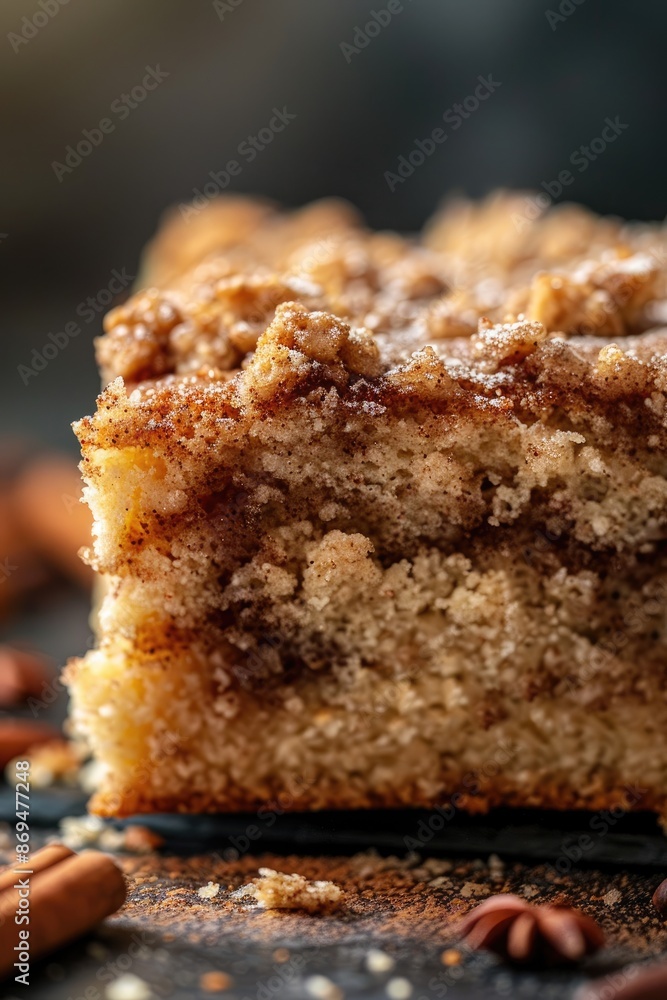 Close-up of a slice of cinnamon coffee cake with a crumbly topping, highlighting its texture and delicious layers Close-up of a slice of cinnamon coffee cake with a crumbly topping, highlighting its texture and delicious layers
