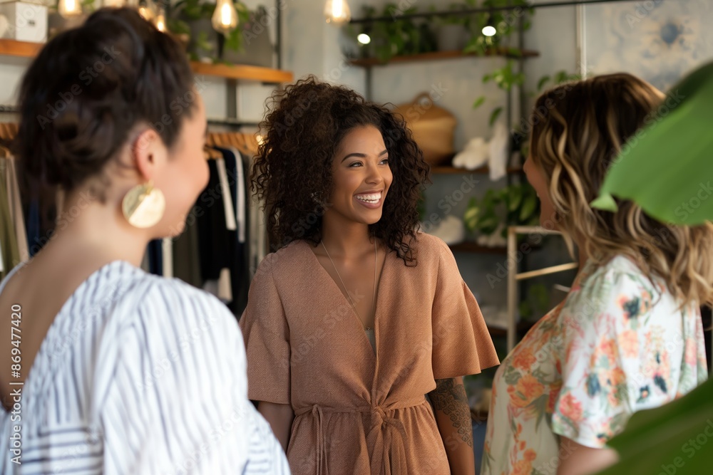 Obraz premium Three friends enjoy a conversation while shopping at a stylish boutique with lush plants and decor.