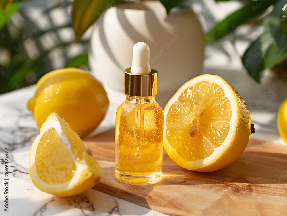 A bottle of lemon essential oil with fresh lemons on a wooden board. A bottle of lemon essential oil with fresh lemons on a wooden board.