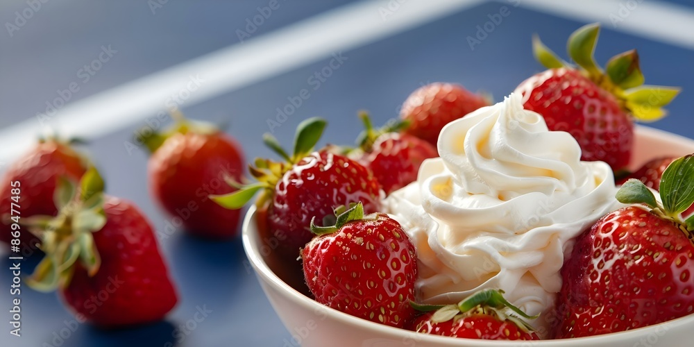 Strawberries and cream in a bowl with a tennis court background. Concept Food Photography, Summer Treats, Sweet Desserts, Wimbledon-Inspired Shoot, Background Styling Strawberries and cream in a bowl with a tennis court background. Concept Food Photography, Summer Treats, Sweet Desserts, Wimbledon-Inspired Shoot, Background Styling
