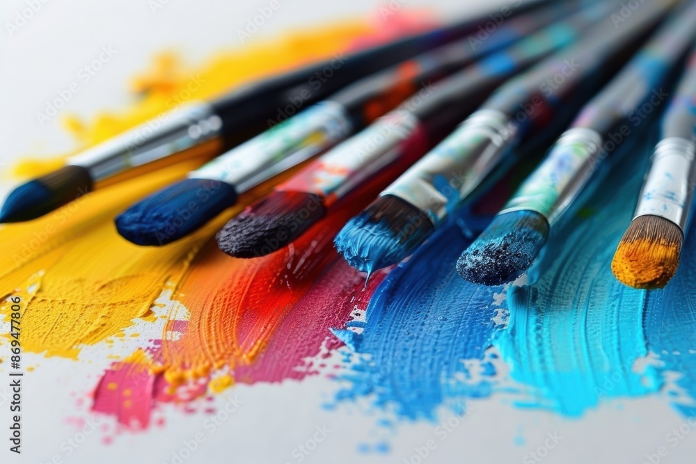 Fototapeta premium Colorful paintbrushes with vibrant mixed paints on canvas, showcasing art supplies for painting and creativity expressions in an artistic setting.