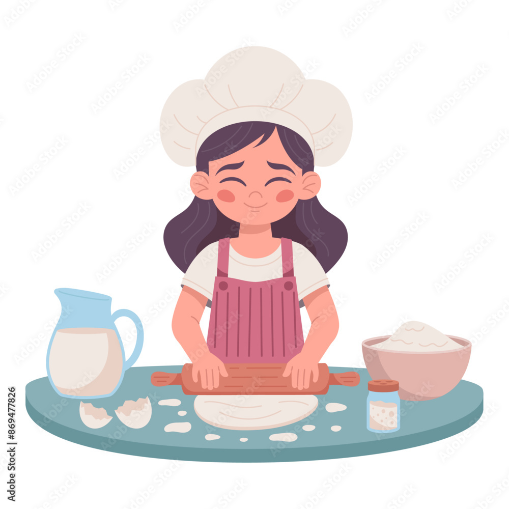 Girl Chef Kneading Dough at Kitchen Table: Vector Illustration Girl Chef Kneading Dough at Kitchen Table: Vector Illustration