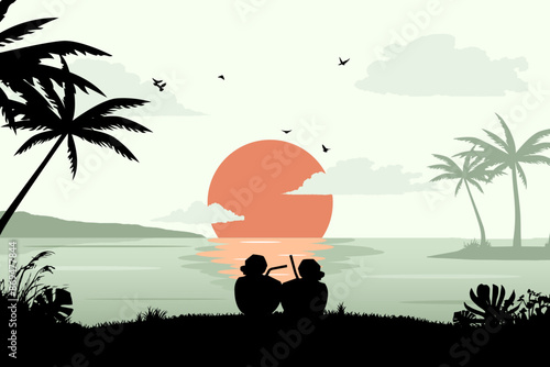 Beach couple coconut drink view silhouette background. Summer day vector illustration poster design template