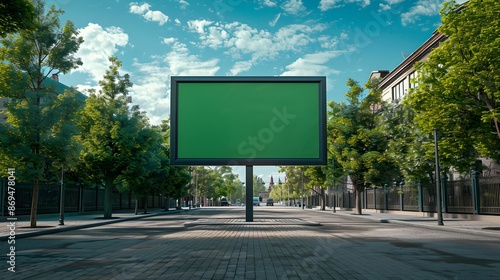 Unique and attractive vertical blank green screen billboard mock-up at public squre, chrming historic district