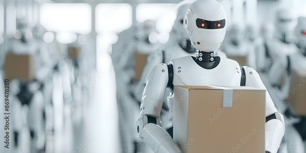 Office worker leaving with box as robots wait for job interview. Concept Employee leaving, Robots, Job interview, Office setting Office worker leaving with box as robots wait for job interview. Concept Employee leaving, Robots, Job interview, Office setting