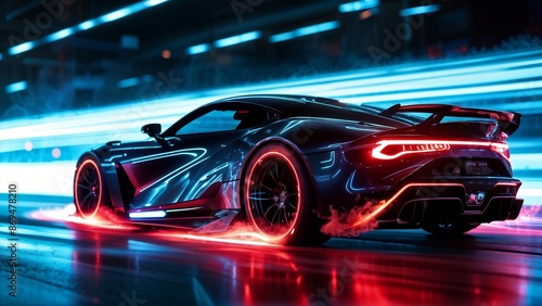 Futuristic sports car with neon glow speeding on city street at night. Generative AI