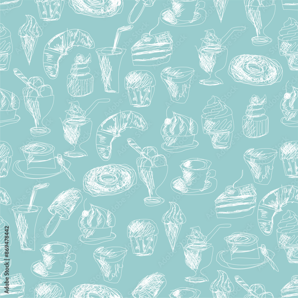 Seamless pattern with drinks an desserts art print for textile, paper, wallpaper decor design food kitchen cafe restaurants Seamless pattern with drinks an desserts art print for textile, paper, wallpaper decor design food kitchen cafe restaurants