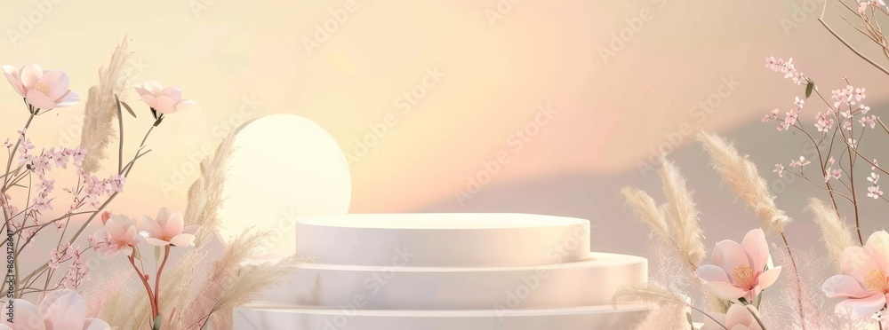 A tranquil and beautiful scene is created by a white podium surrounded by blossoming branches against a serene sunset backdrop. It showcases an elegant and peaceful setting with a serene aura A tranquil and beautiful scene is created by a white podium surrounded by blossoming branches against a serene sunset backdrop. It showcases an elegant and peaceful setting with a serene aura