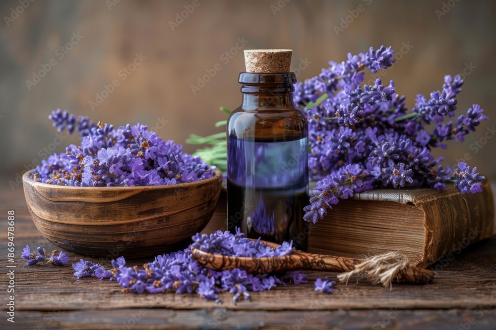 Glass bottle of lavender essential oil with fresh lavender flowers in a bowl on a rustic table. Glass bottle of lavender essential oil with fresh lavender flowers in a bowl on a rustic table.