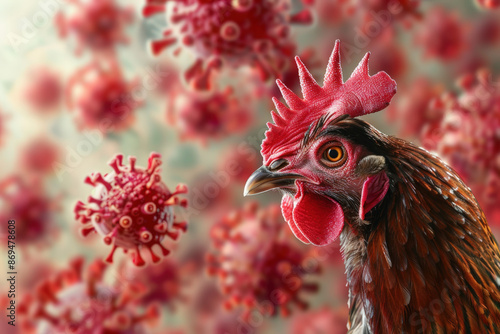 Rooster with red comb surrounded by virus cells floating in the air, concept of bird flu and avian influenza spreading