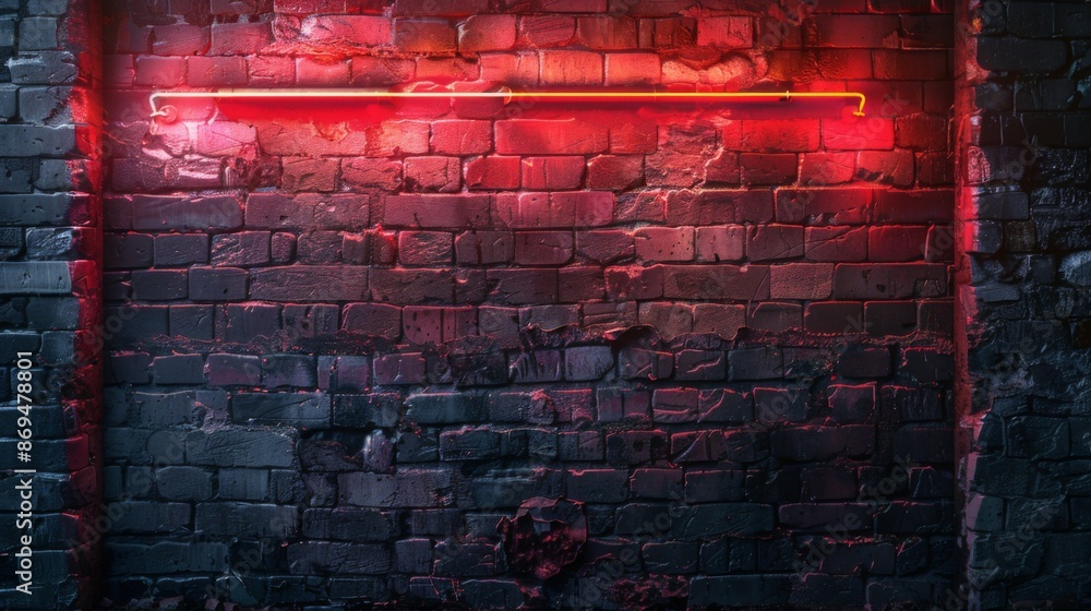 Dark brick wall with red neon light, creating a grungy urban atmosphere with dramatic lighting.