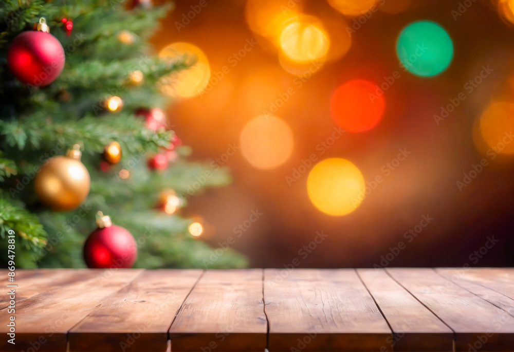 Empty wooden table with festive Christmas background Empty wooden table with festive Christmas background