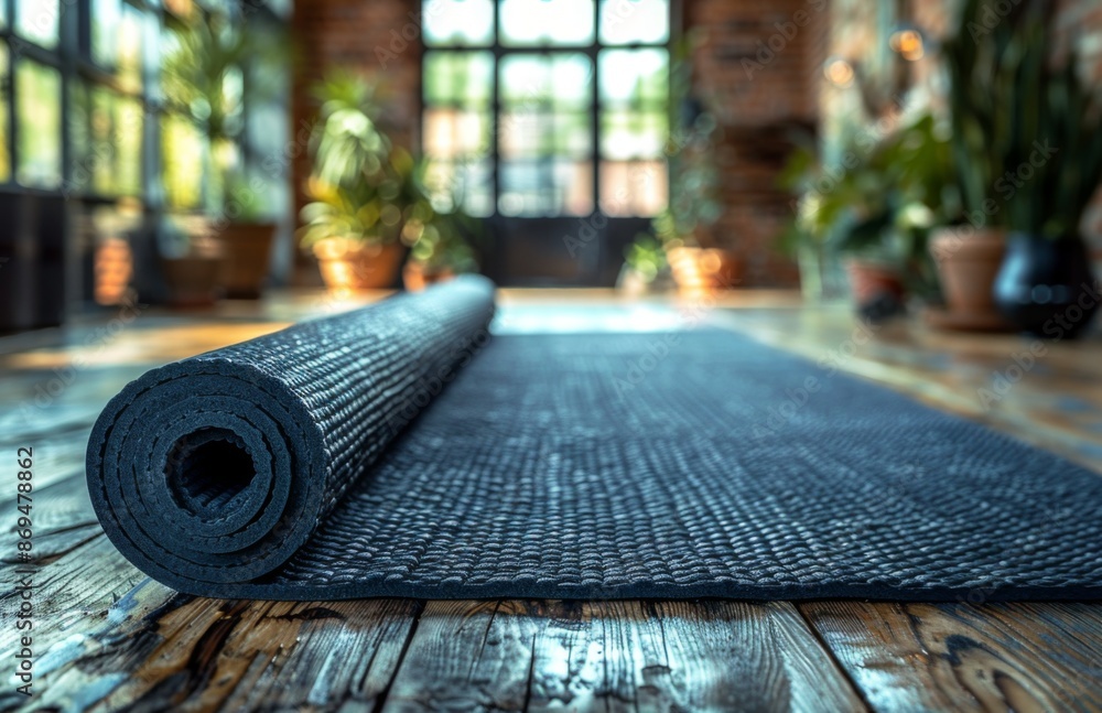 Black yoga mat rolled on wooden floor in a bright, plant-filled room with large windows. Black yoga mat rolled on wooden floor in a bright, plant-filled room with large windows.