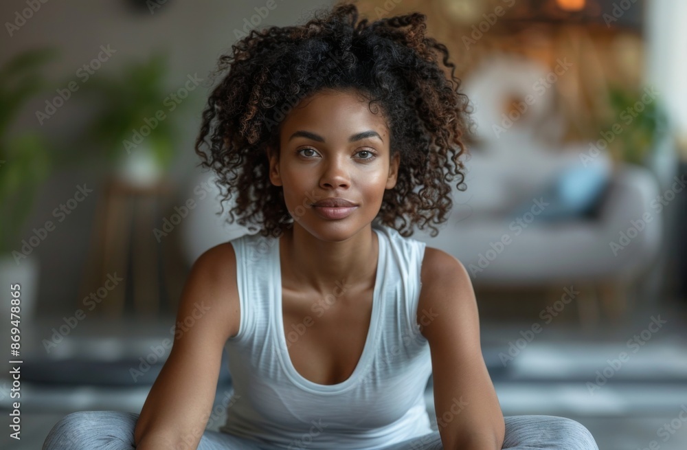 Fototapeta premium Close-up of a woman with curly hair doing yoga at home, focused and serene, in natural light.