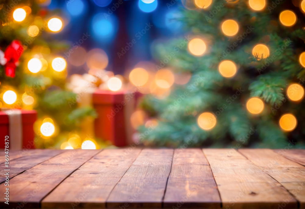 Empty wooden table with festive Christmas background Empty wooden table with festive Christmas background