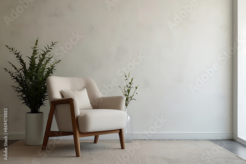 Minimalist Living Room: White Vintage Armchair, Elegant Decor, and Dry Plant Vase