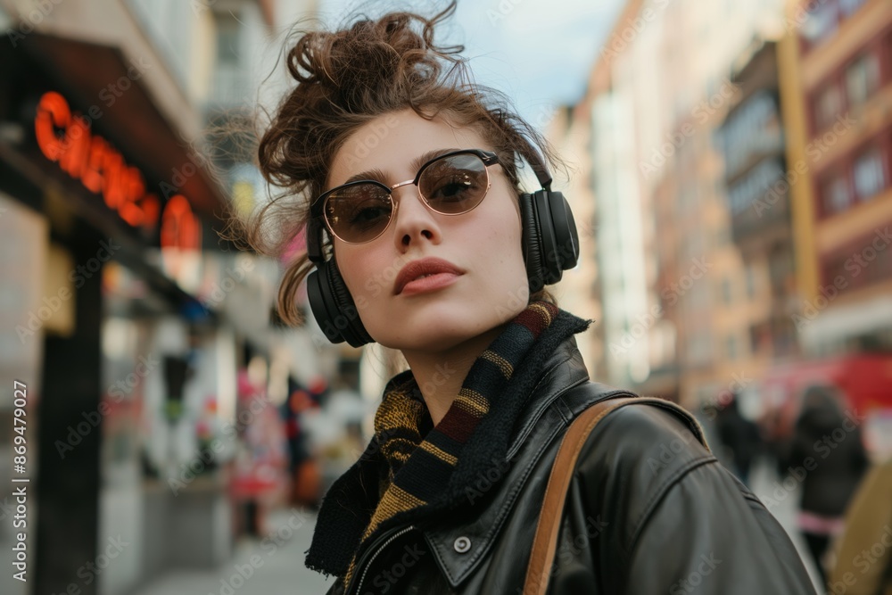 Stylish woman with headphones and sunglasses in the city. Stylish woman with headphones and sunglasses in the city.