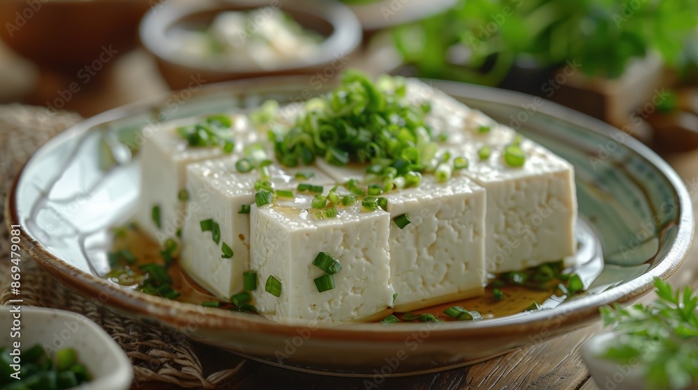 Close-up of fresh tofu topped with chopped green onions, served on a rustic plate with a soy sauce dressing in an inviting dining setting. Close-up of fresh tofu topped with chopped green onions, served on a rustic plate with a soy sauce dressing in an inviting dining setting.