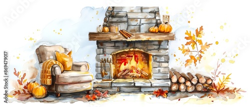A cozy autumn fire place on white background