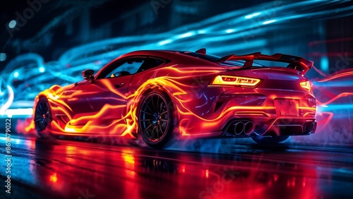 Futuristic sports car with neon lights speeding on wet city street at night. Generative AI