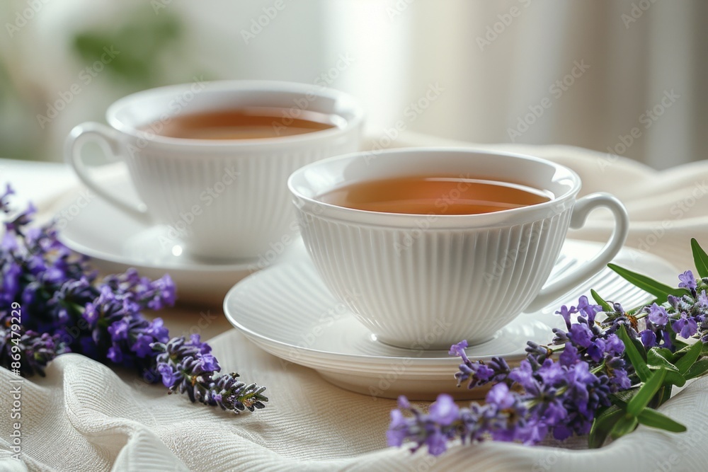 Two white cups of lavender tea on a table with fresh lavender flowers, creating a serene atmosphere. Two white cups of lavender tea on a table with fresh lavender flowers, creating a serene atmosphere.