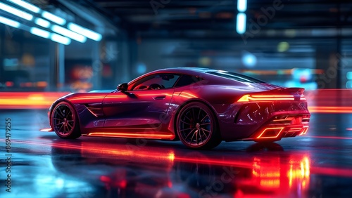 Sleek sports car in neon-lit urban setting, showcasing vibrant colors and modern design. Generative AI