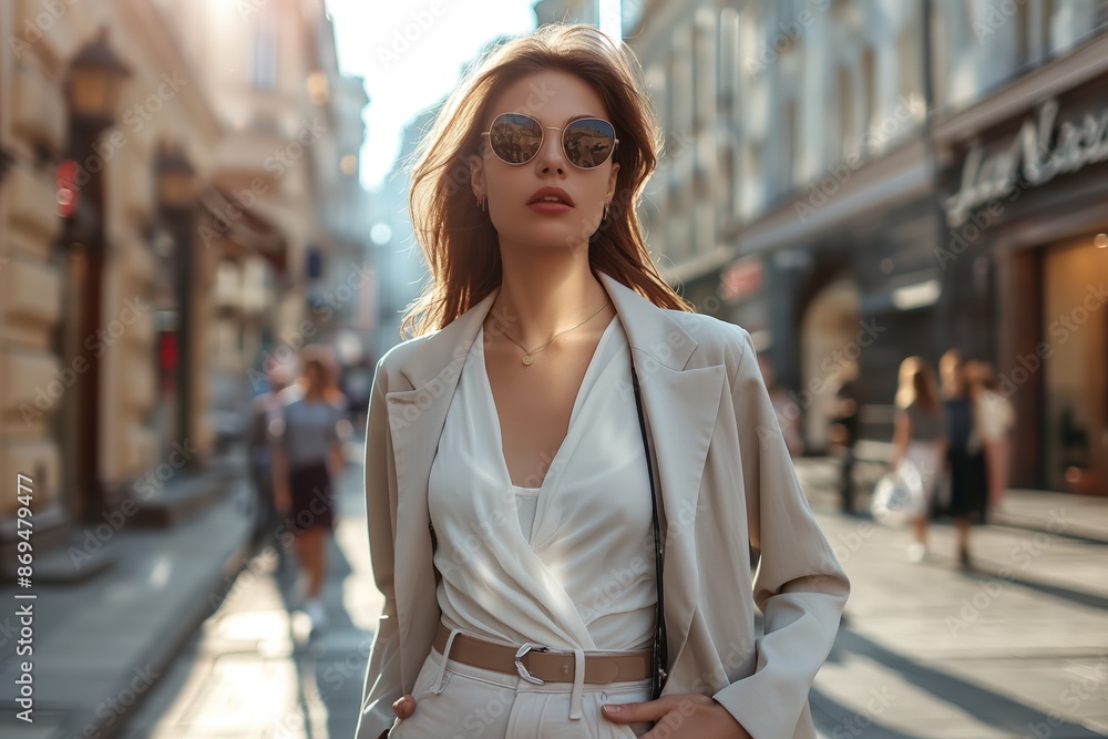 Fototapeta premium A stylish woman in sunglasses and a chic outfit walking down an urban street in daylight.