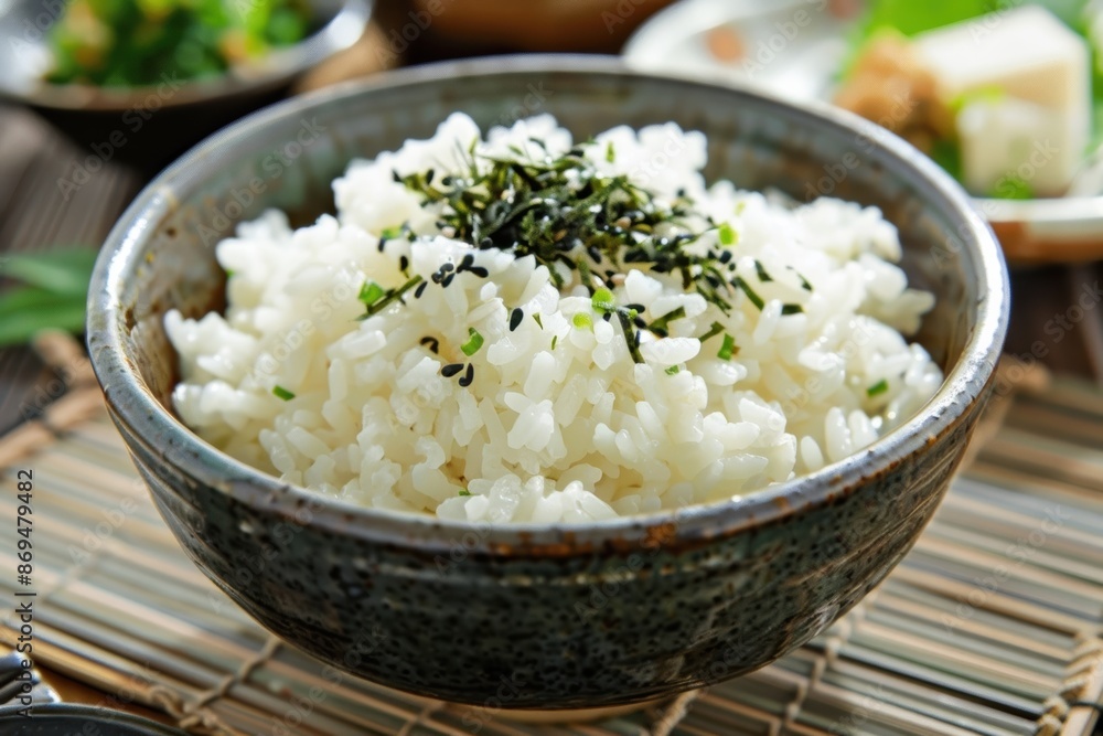 A ceramic bowl filled with steaming white rice, garnished with black sesame seeds and chopped herbs, resting on a bamboo mat with side dishes in the background. A ceramic bowl filled with steaming white rice, garnished with black sesame seeds and chopped herbs, resting on a bamboo mat with side dishes in the background.