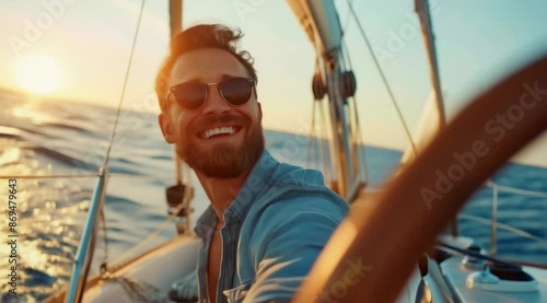 Joyful man with a beard and sunglasses sailing on a boat at sunset. The man is smiling broadly, enjoying the serene ocean view and the golden light of the setting sun.