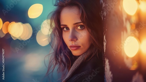 urban twilight portrait mysterious woman with intense gaze soft natural lighting © furyon