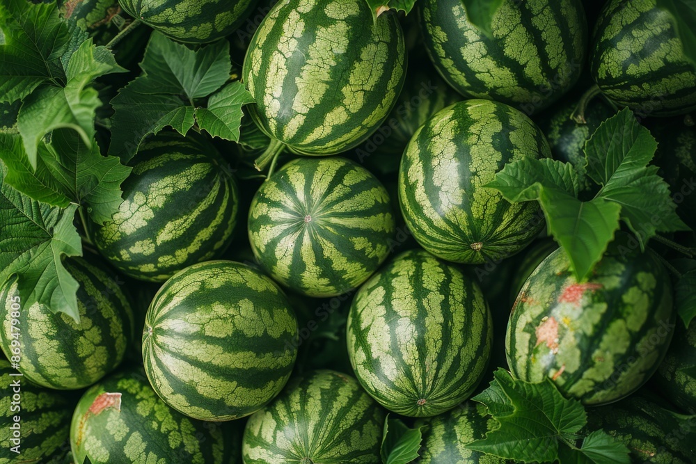 A vibrant pile of green watermelons with distinct stripes and lush leaves, showcasing the fresh, ripe, and juicy summer fruit. Perfect for refreshing, healthy, and delicious produce, organic food. A vibrant pile of green watermelons with distinct stripes and lush leaves, showcasing the fresh, ripe, and juicy summer fruit. Perfect for refreshing, healthy, and delicious produce, organic food.